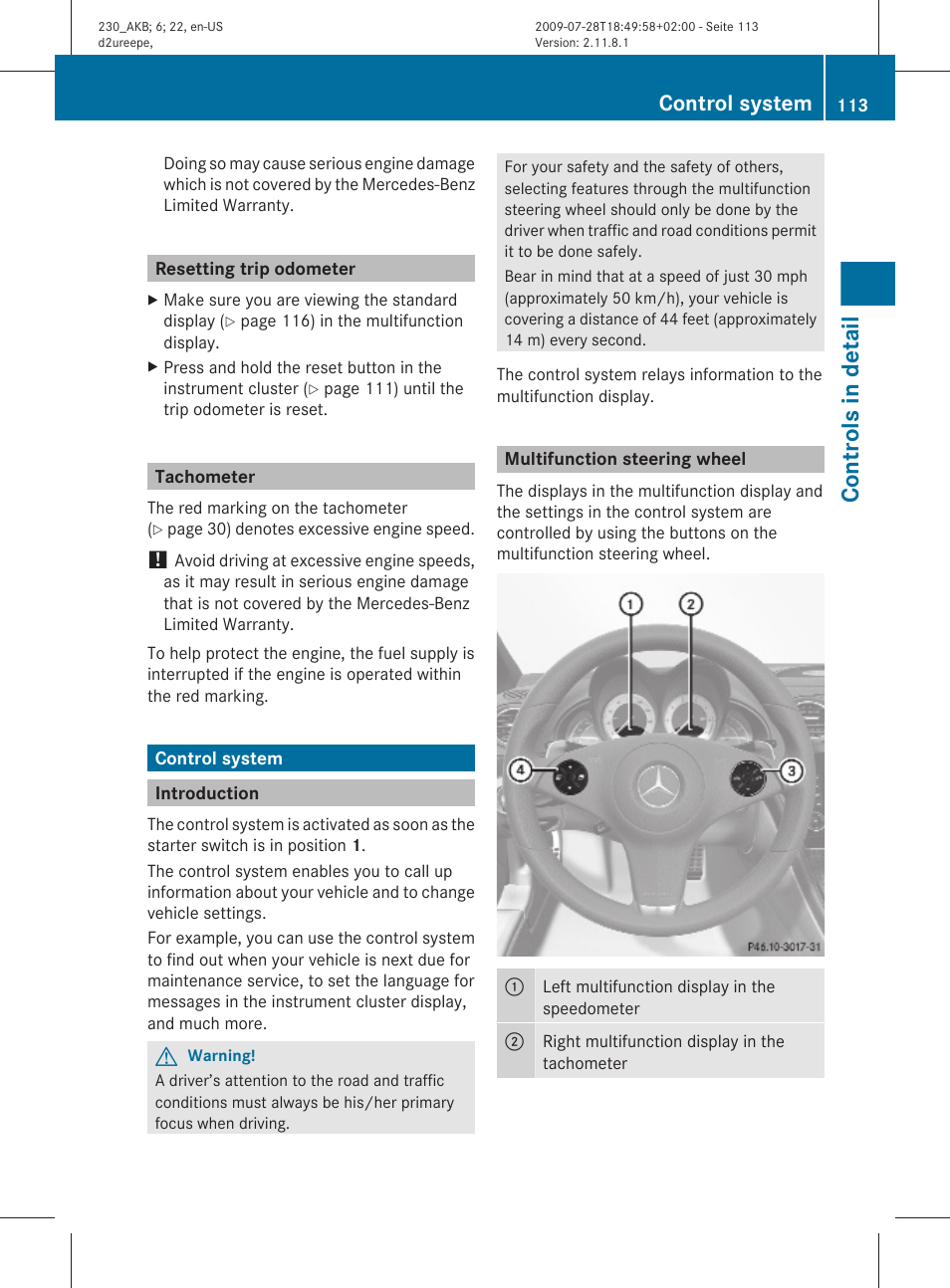 Resetting trip odometer, Tachometer, Control system | Introduction, Multifunction steering wheel, Controls in detail | Mercedes-Benz 2011 SL-Class User Manual | Page 115 / 316