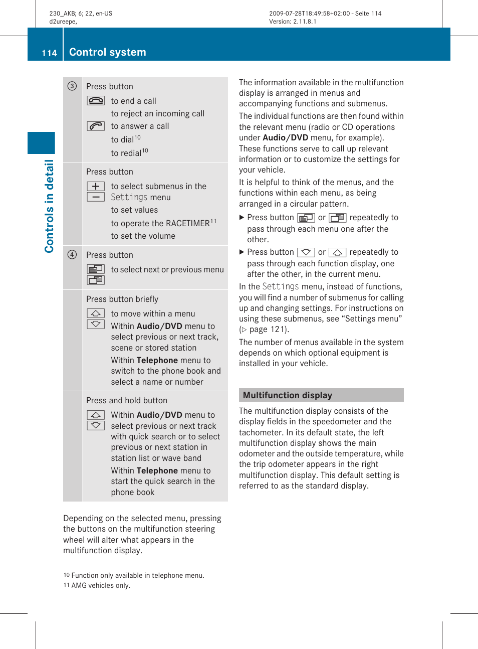 Multifunction display, Controls in detail, Control system | Mercedes-Benz 2011 SL-Class User Manual | Page 116 / 316