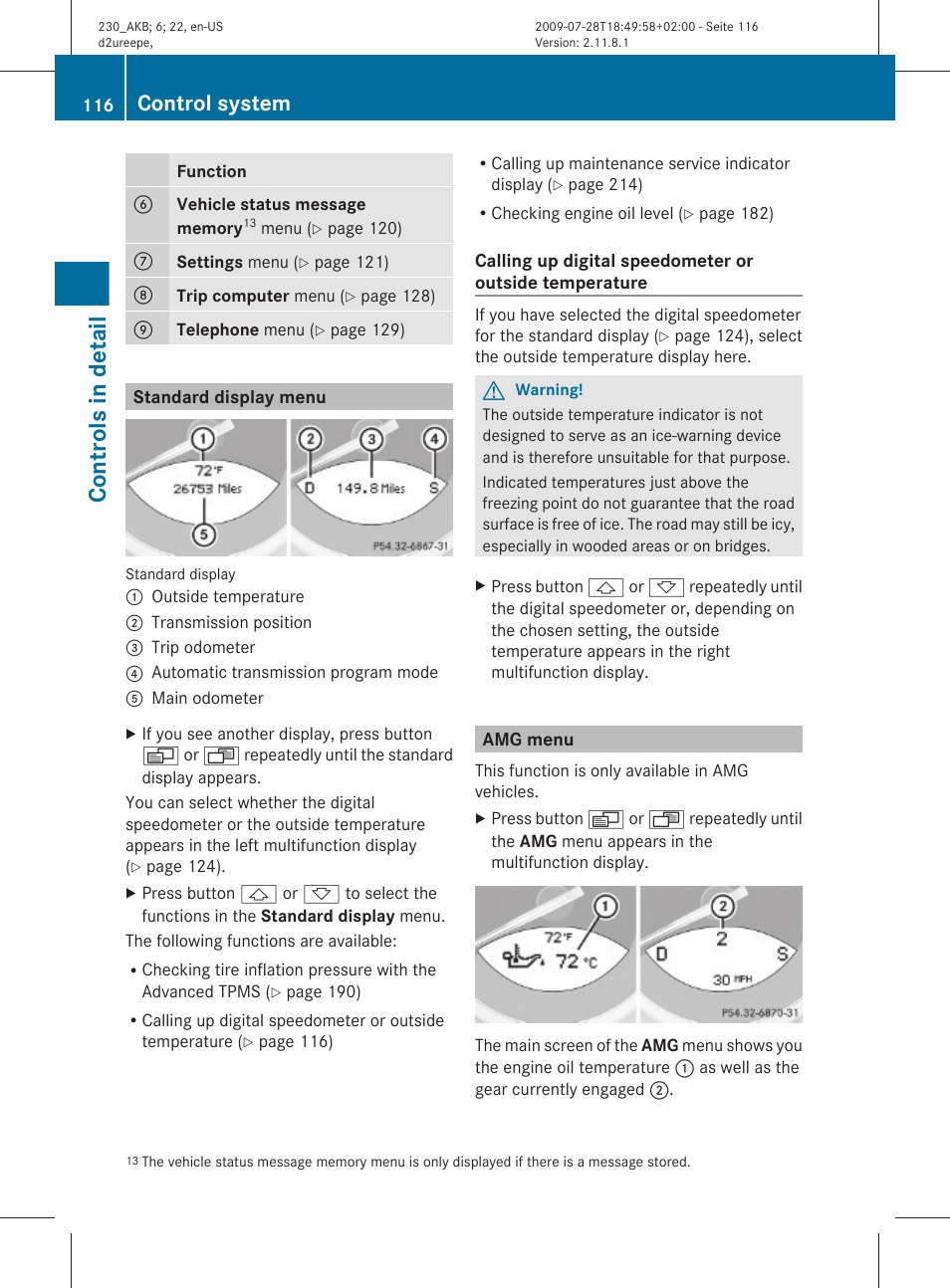 Standard display menu, Amg menu, Menu | Controls in detail, Control system | Mercedes-Benz 2011 SL-Class User Manual | Page 118 / 316