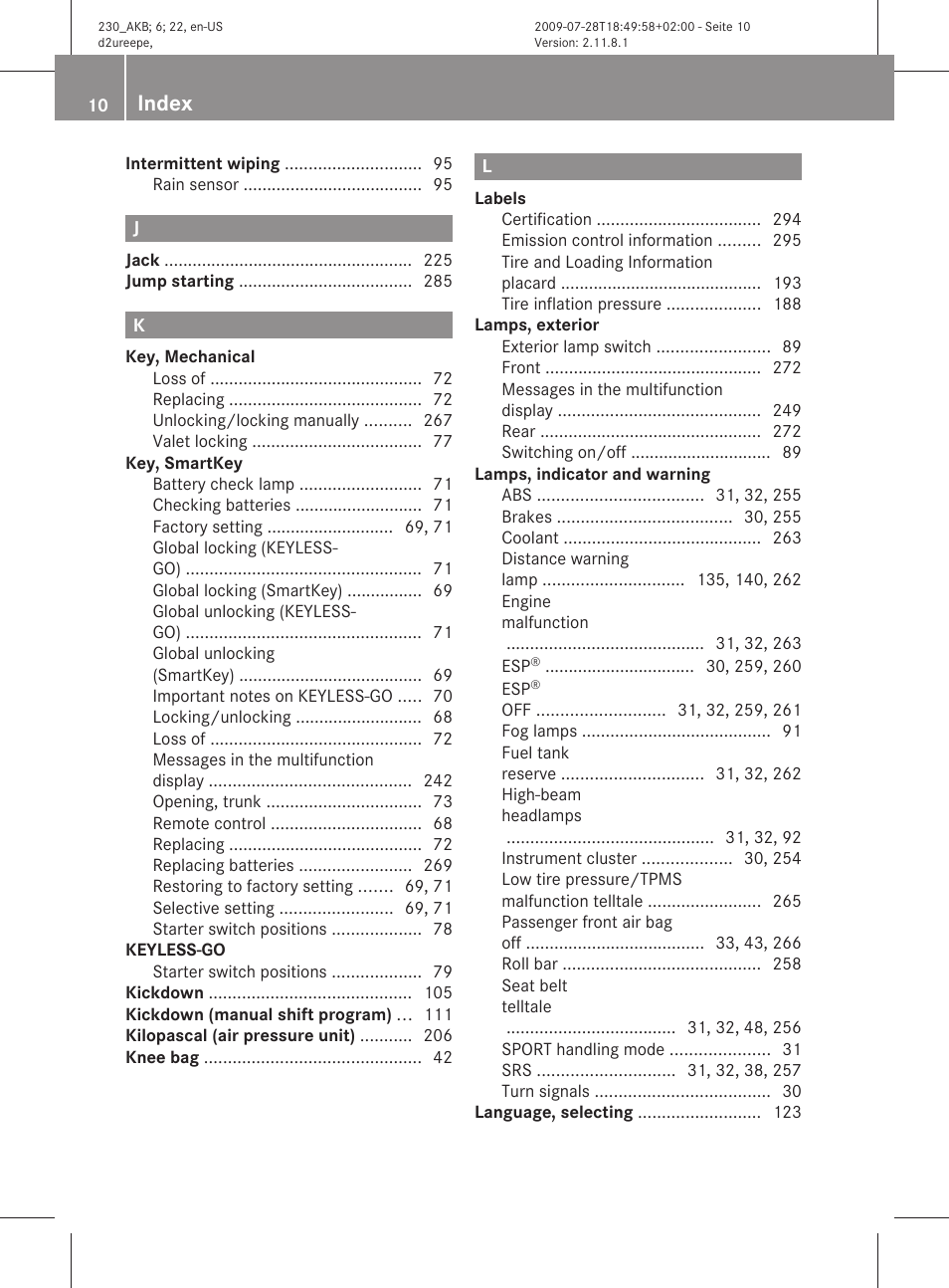 Index | Mercedes-Benz 2011 SL-Class User Manual | Page 12 / 316