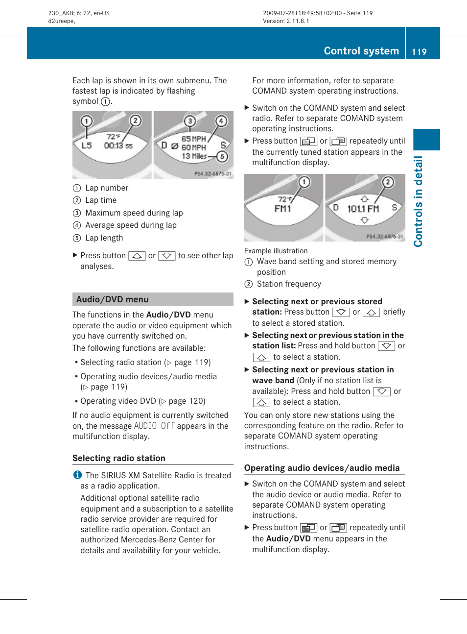 Audio/dvd menu, Menu, Controls in detail | Control system | Mercedes-Benz 2011 SL-Class User Manual | Page 121 / 316