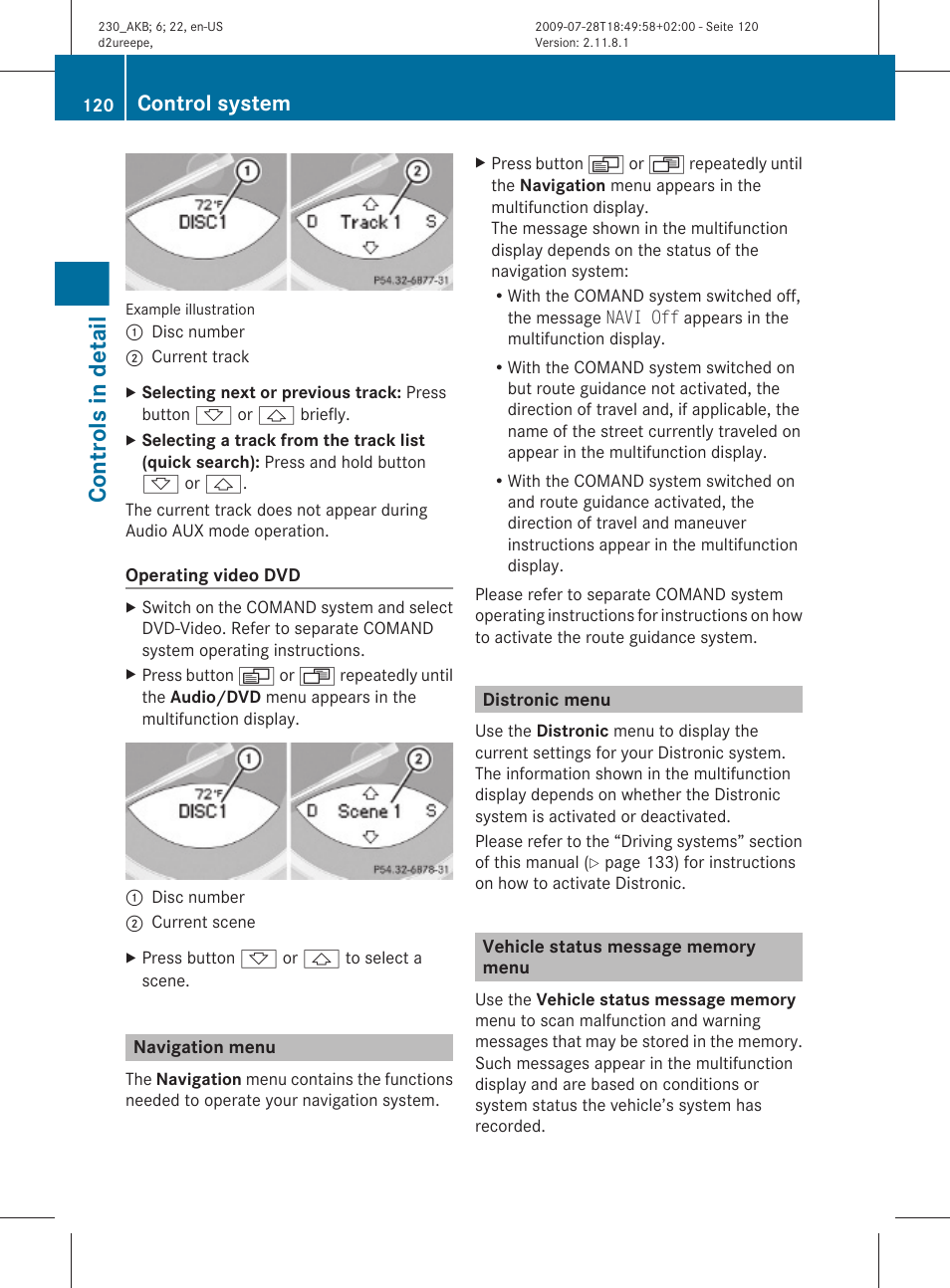 Navigation menu, Distronic menu, Vehicle status message memory menu | Menu, Operating video dvd, Controls in detail, Control system | Mercedes-Benz 2011 SL-Class User Manual | Page 122 / 316