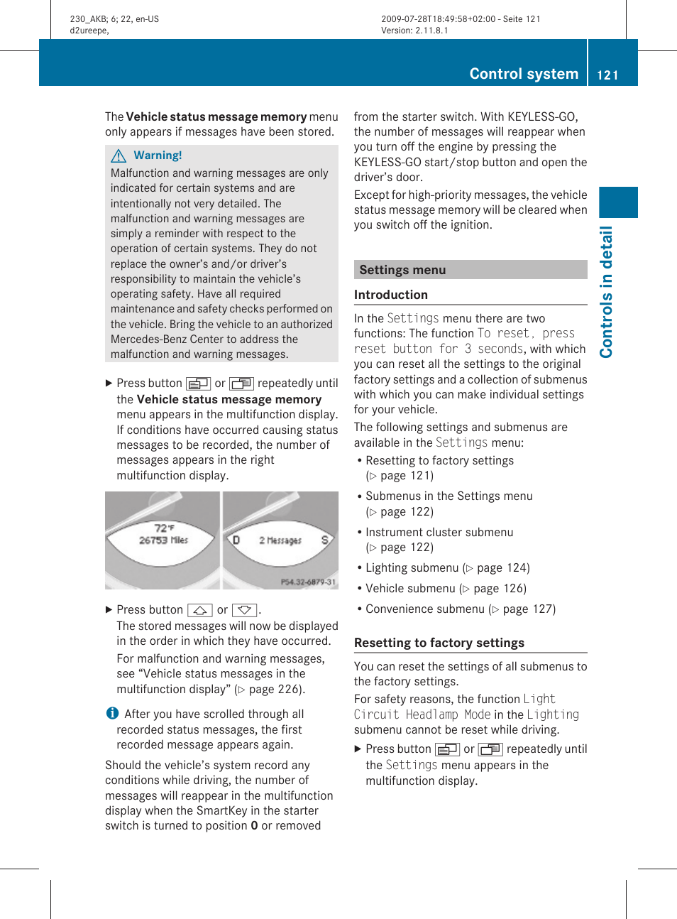 Settings menu, Menu, Controls in detail | Control system | Mercedes-Benz 2011 SL-Class User Manual | Page 123 / 316