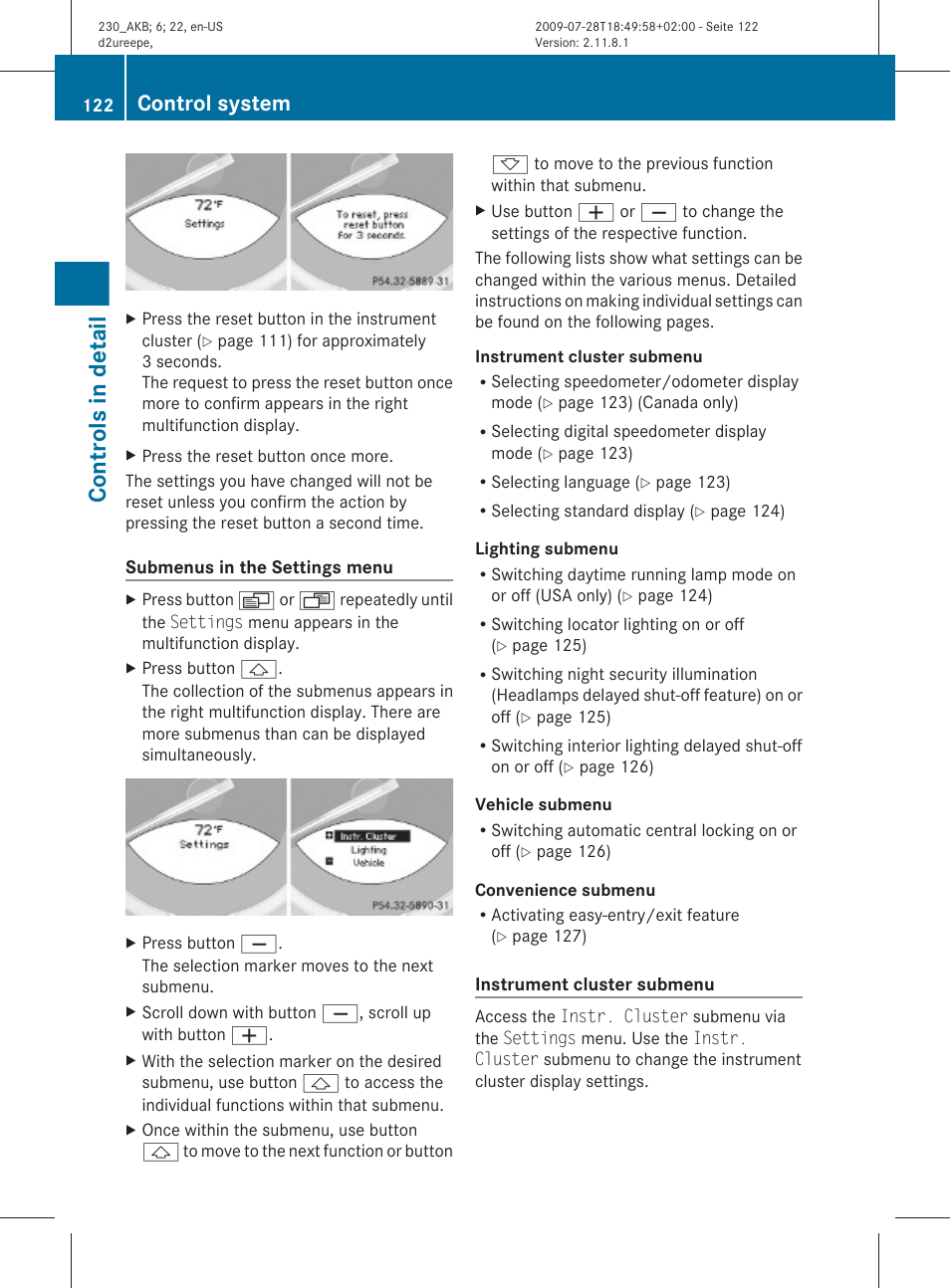 Controls in detail, Control system | Mercedes-Benz 2011 SL-Class User Manual | Page 124 / 316