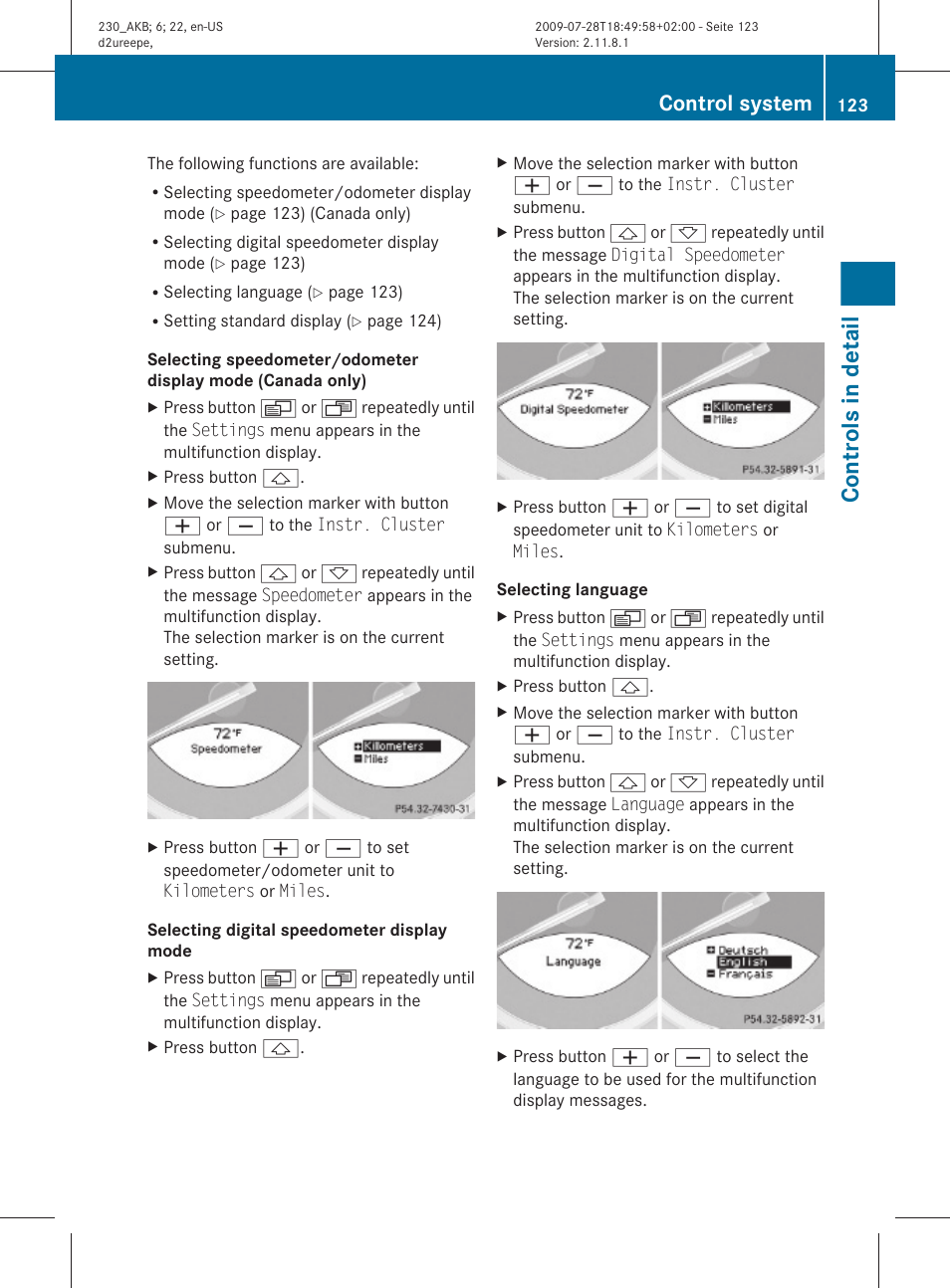 Mode, Selecting language, Controls in detail | Control system | Mercedes-Benz 2011 SL-Class User Manual | Page 125 / 316