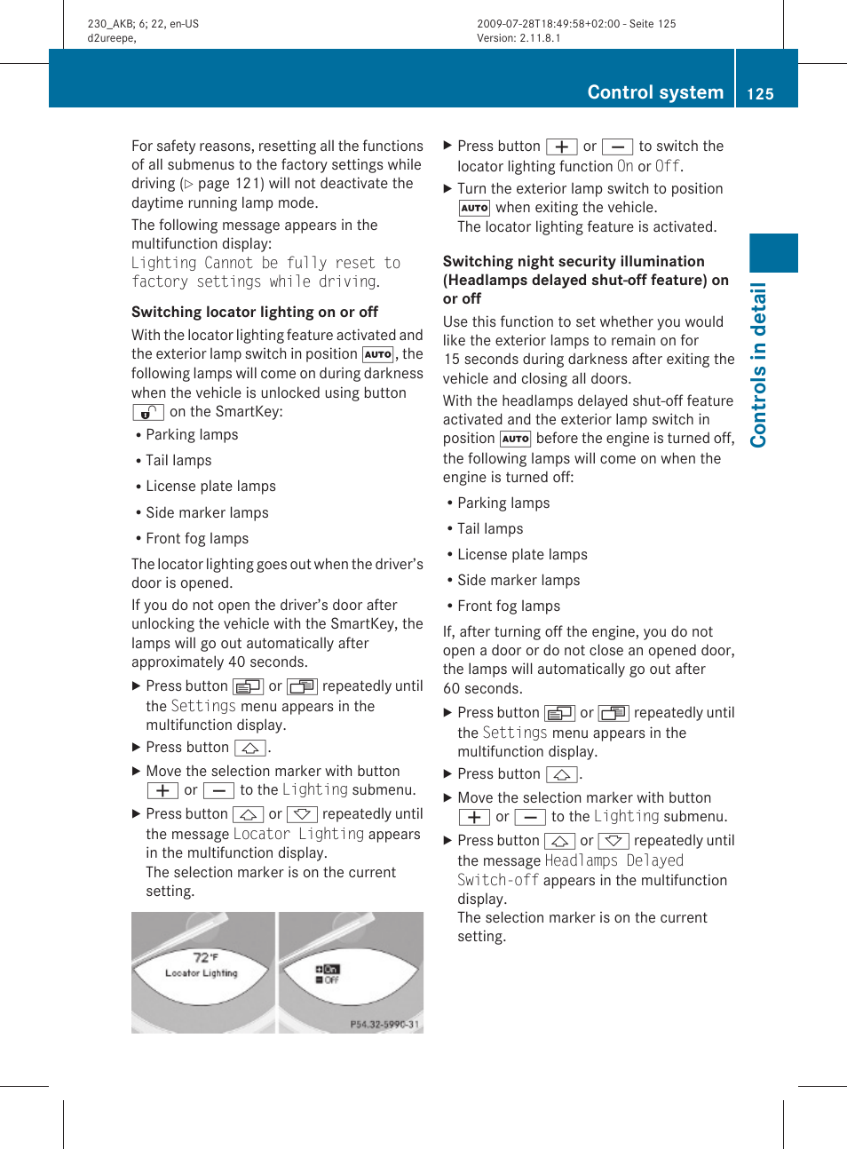 Lighting on or off, Controls in detail, Control system | Mercedes-Benz 2011 SL-Class User Manual | Page 127 / 316