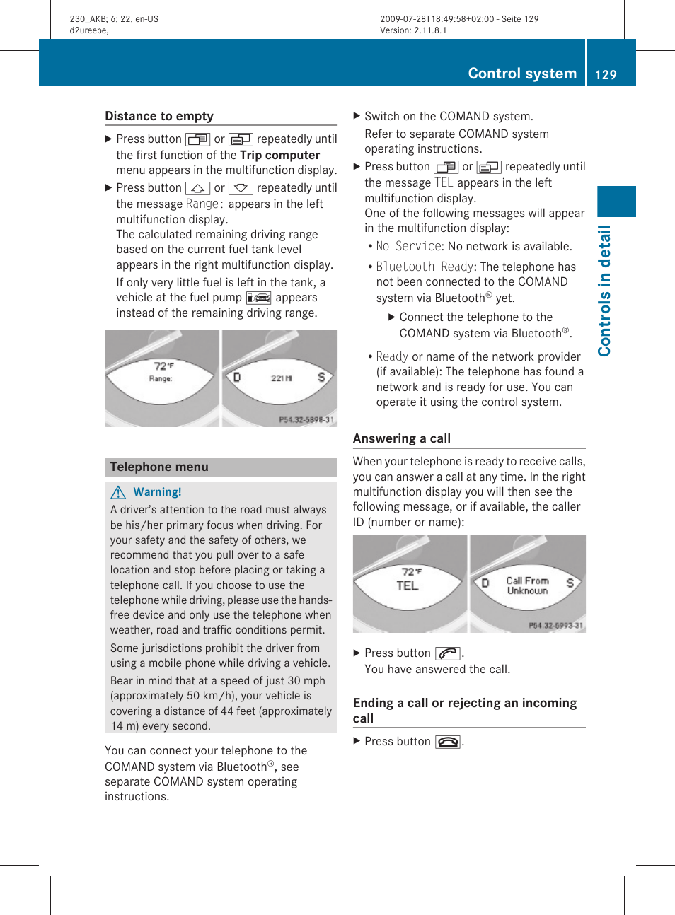 Telephone menu, Menu, Distance to empty | Controls in detail, Control system | Mercedes-Benz 2011 SL-Class User Manual | Page 131 / 316