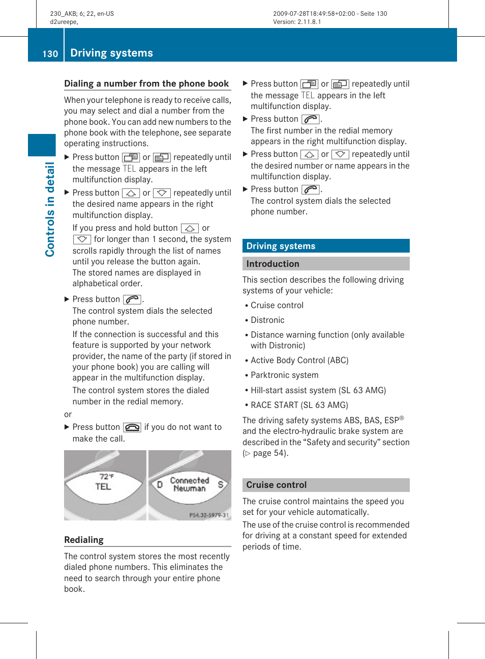 Driving systems, Introduction, Cruise control | Controls in detail | Mercedes-Benz 2011 SL-Class User Manual | Page 132 / 316