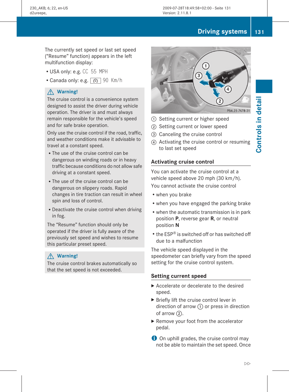 Controls in detail, Driving systems | Mercedes-Benz 2011 SL-Class User Manual | Page 133 / 316