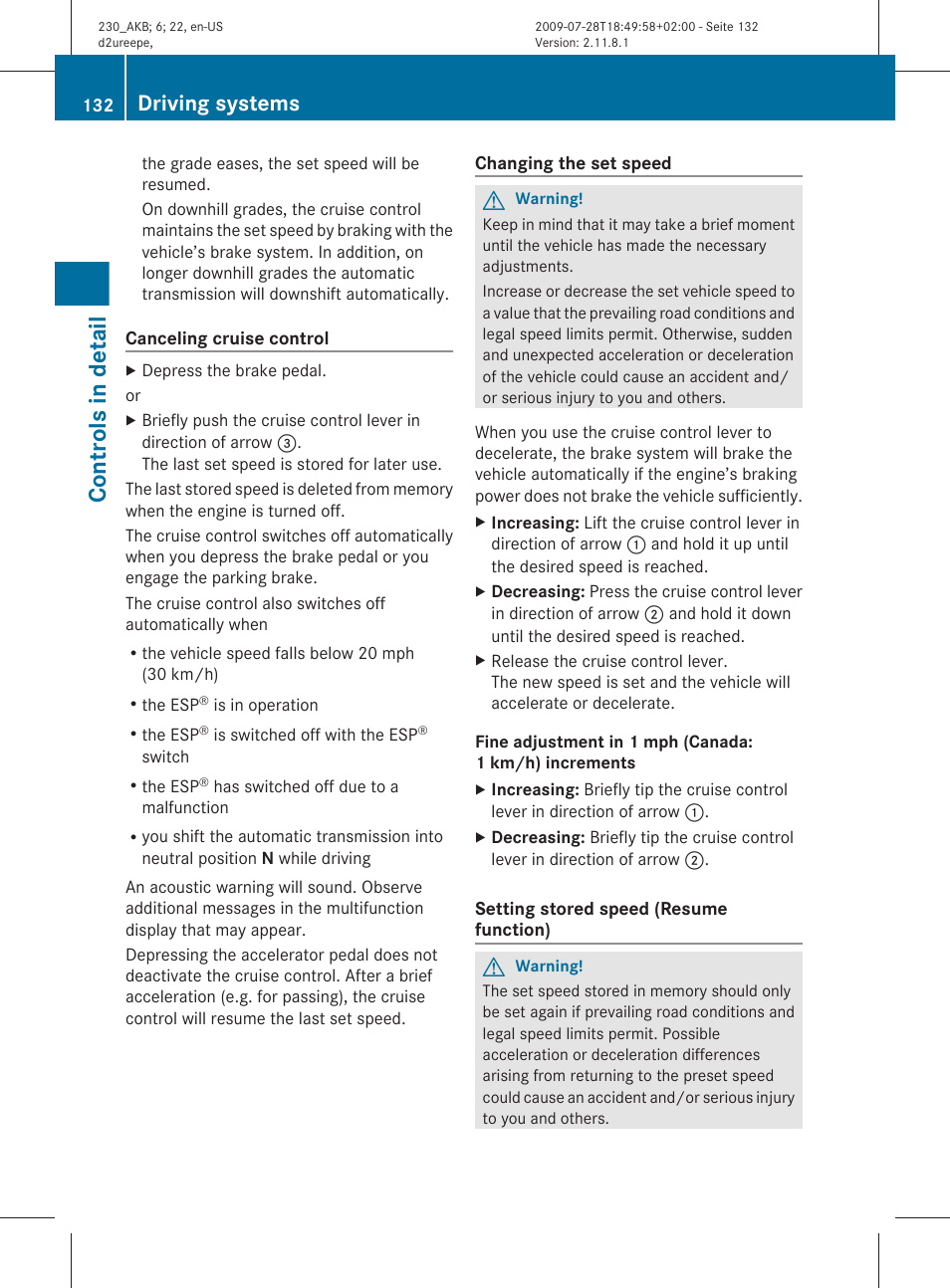 Controls in detail, Driving systems | Mercedes-Benz 2011 SL-Class User Manual | Page 134 / 316