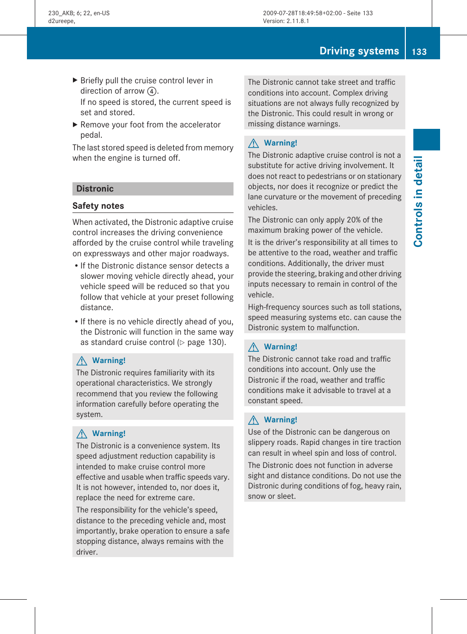 Distronic, Controls in detail, Driving systems | Mercedes-Benz 2011 SL-Class User Manual | Page 135 / 316