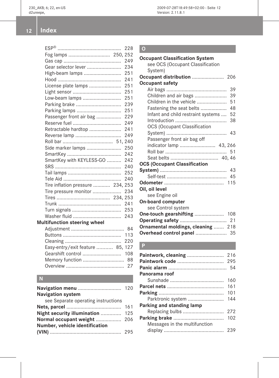 Index | Mercedes-Benz 2011 SL-Class User Manual | Page 14 / 316