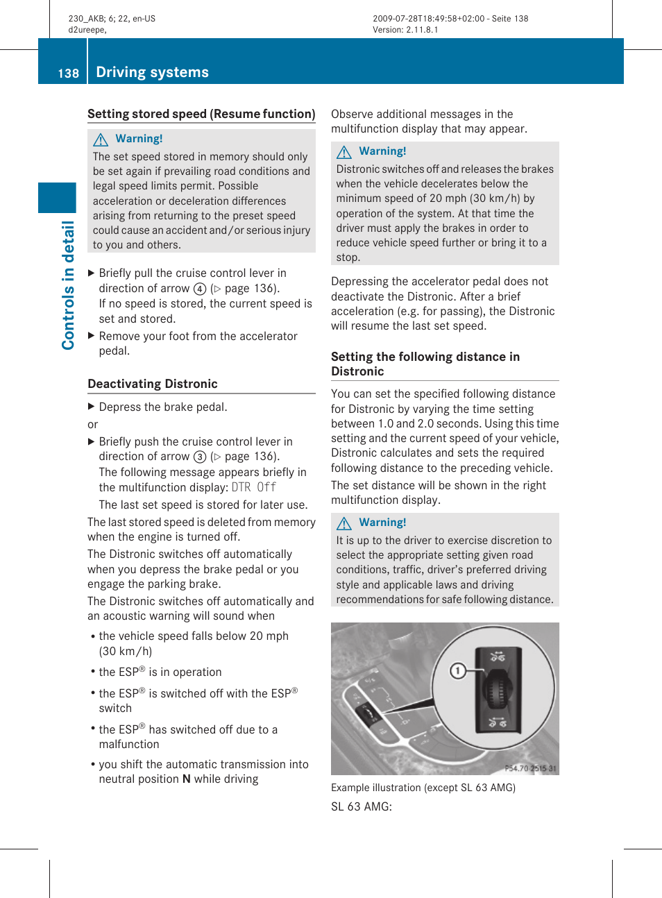 Controls in detail, Driving systems | Mercedes-Benz 2011 SL-Class User Manual | Page 140 / 316