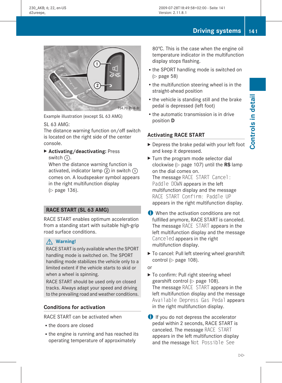 Race start (sl 63 amg), Warning function, see, Controls in detail | Driving systems | Mercedes-Benz 2011 SL-Class User Manual | Page 143 / 316