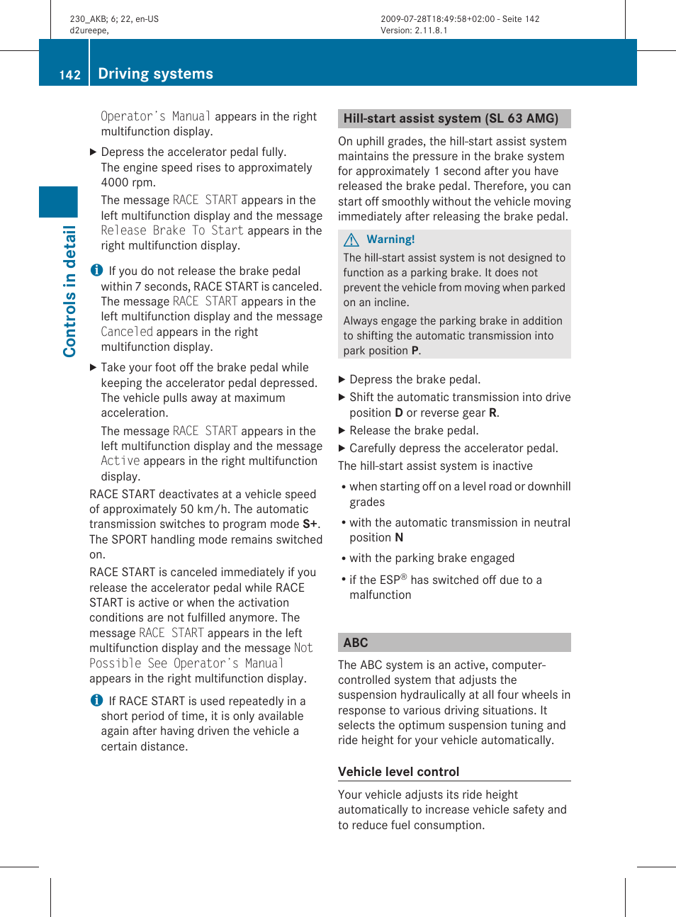 Hill-start assist system (sl 63 amg), Controls in detail, Driving systems | Mercedes-Benz 2011 SL-Class User Manual | Page 144 / 316