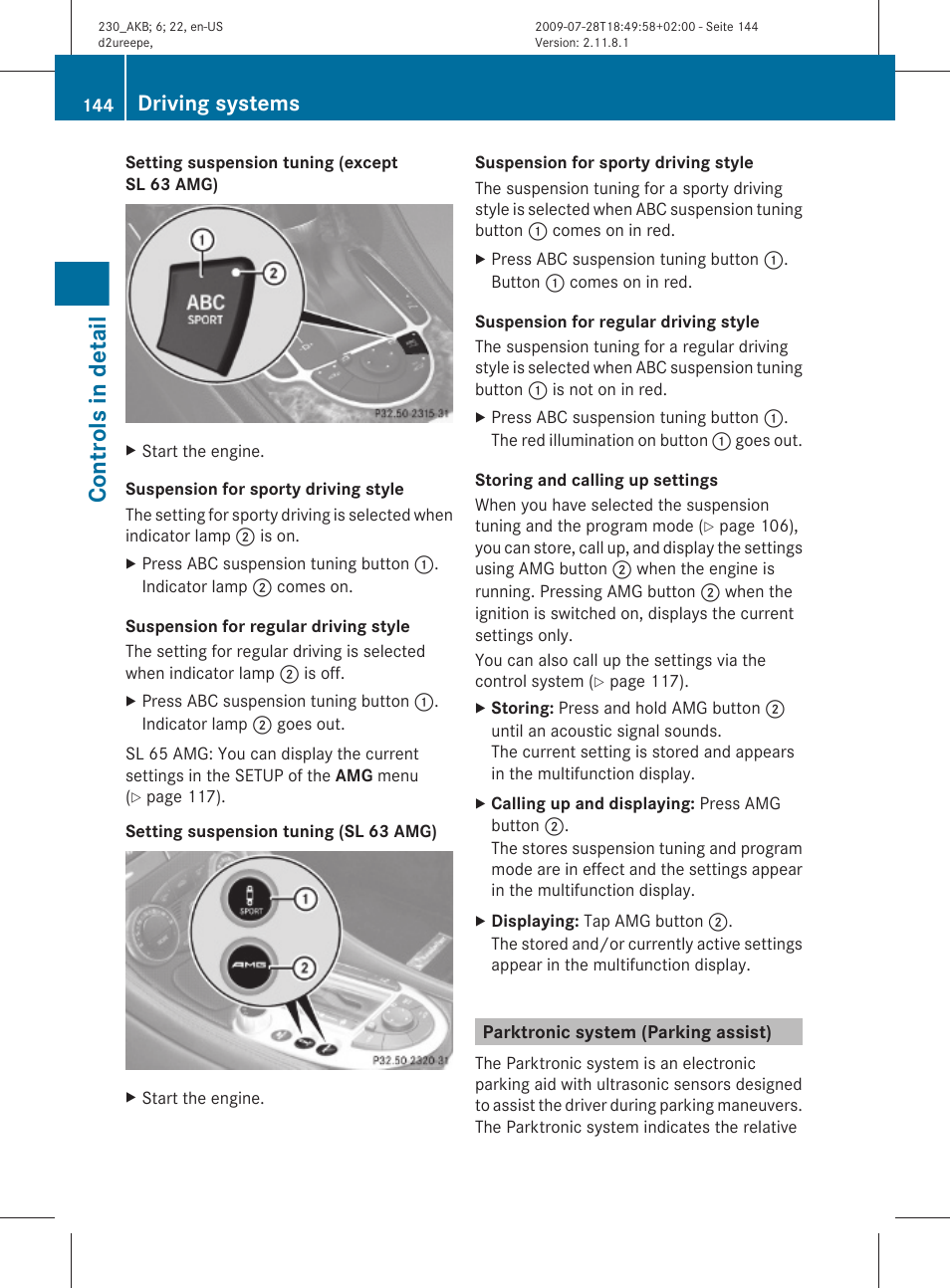 Parktronic system (parking assist), Sl 63 amg only), Controls in detail | Driving systems | Mercedes-Benz 2011 SL-Class User Manual | Page 146 / 316