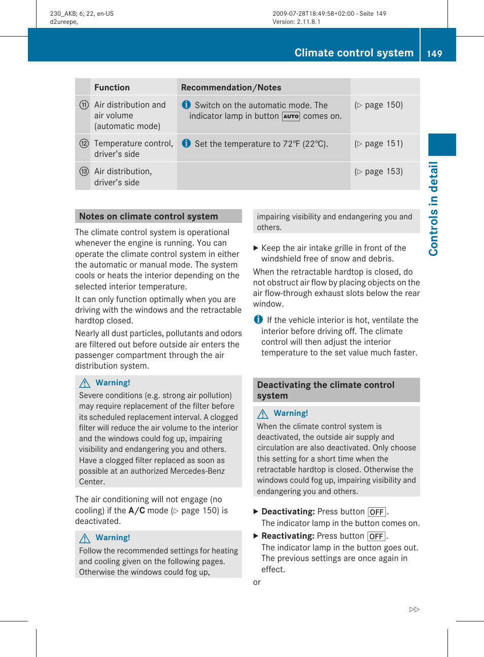 Notes on climate control system, Deactivating the climate control system, Controls in detail | Climate control system | Mercedes-Benz 2011 SL-Class User Manual | Page 151 / 316