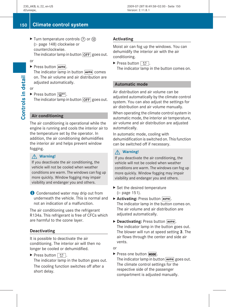 Air conditioning, Automatic mode, Mode | Controls in detail, Climate control system | Mercedes-Benz 2011 SL-Class User Manual | Page 152 / 316
