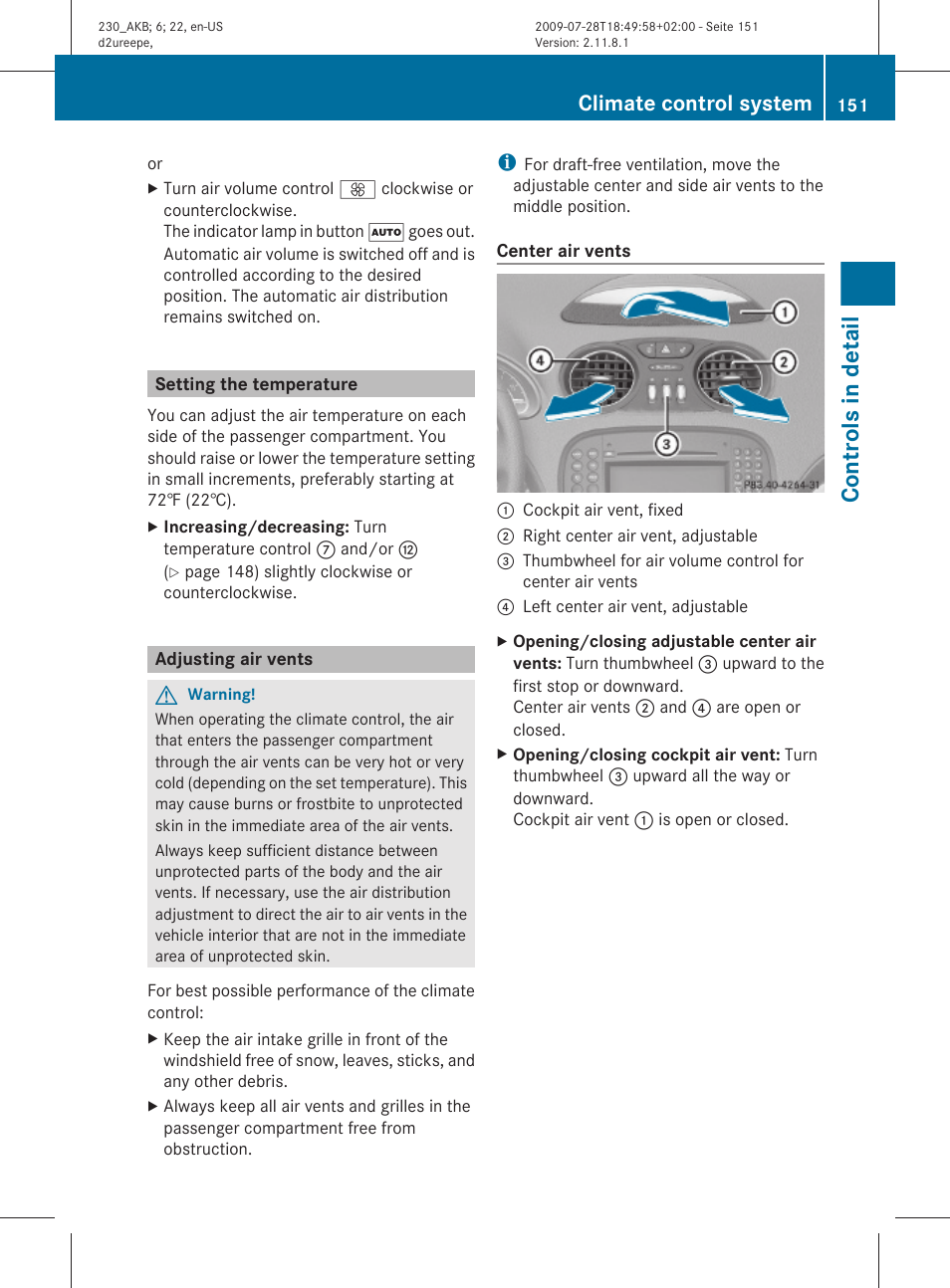 Setting the temperature, Adjusting air vents, Controls in detail | Climate control system | Mercedes-Benz 2011 SL-Class User Manual | Page 153 / 316