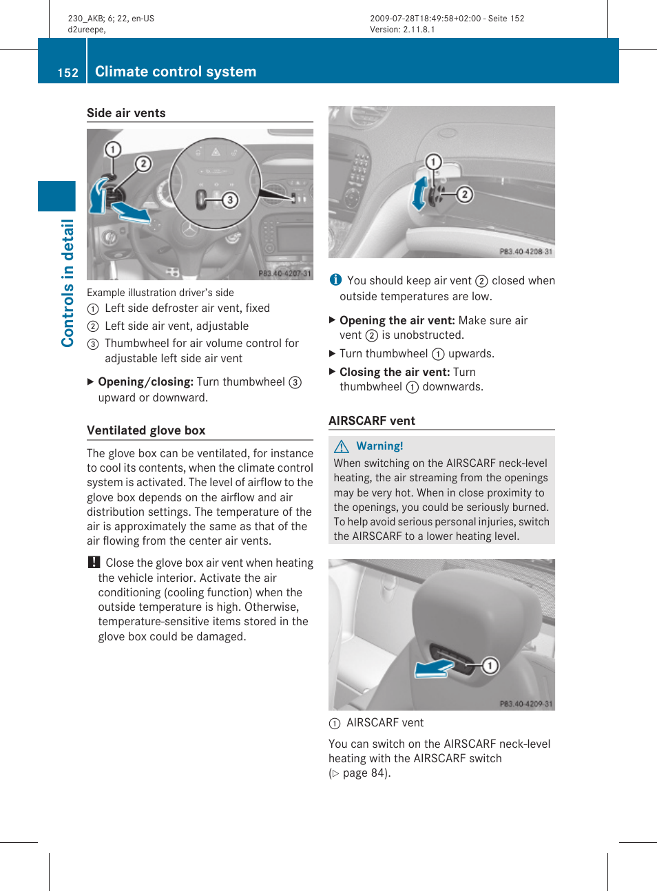 Controls in detail, Climate control system | Mercedes-Benz 2011 SL-Class User Manual | Page 154 / 316