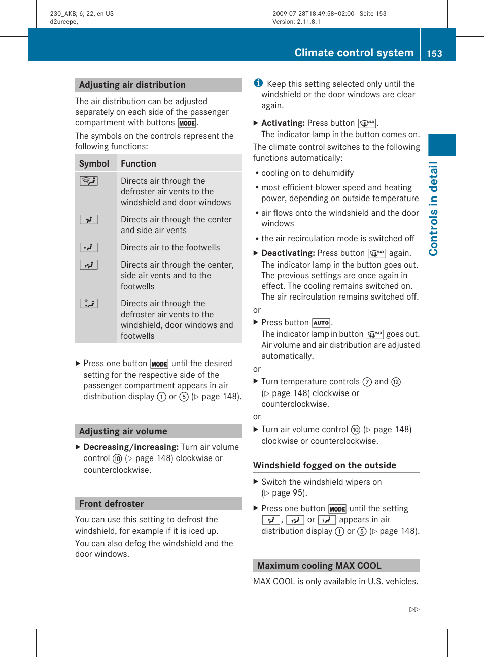 Adjusting air distribution, Adjusting air volume, Front defroster | Maximum cooling max cool, Controls in detail, Climate control system | Mercedes-Benz 2011 SL-Class User Manual | Page 155 / 316