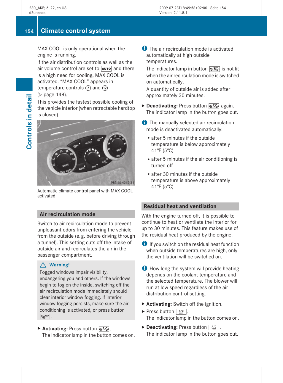 Air recirculation mode, Residual heat and ventilation, Controls in detail | Climate control system | Mercedes-Benz 2011 SL-Class User Manual | Page 156 / 316