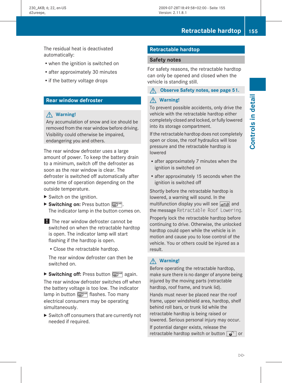 Rear window defroster, Retractable hardtop, Safety notes | Trunk can be closed, Controls in detail | Mercedes-Benz 2011 SL-Class User Manual | Page 157 / 316