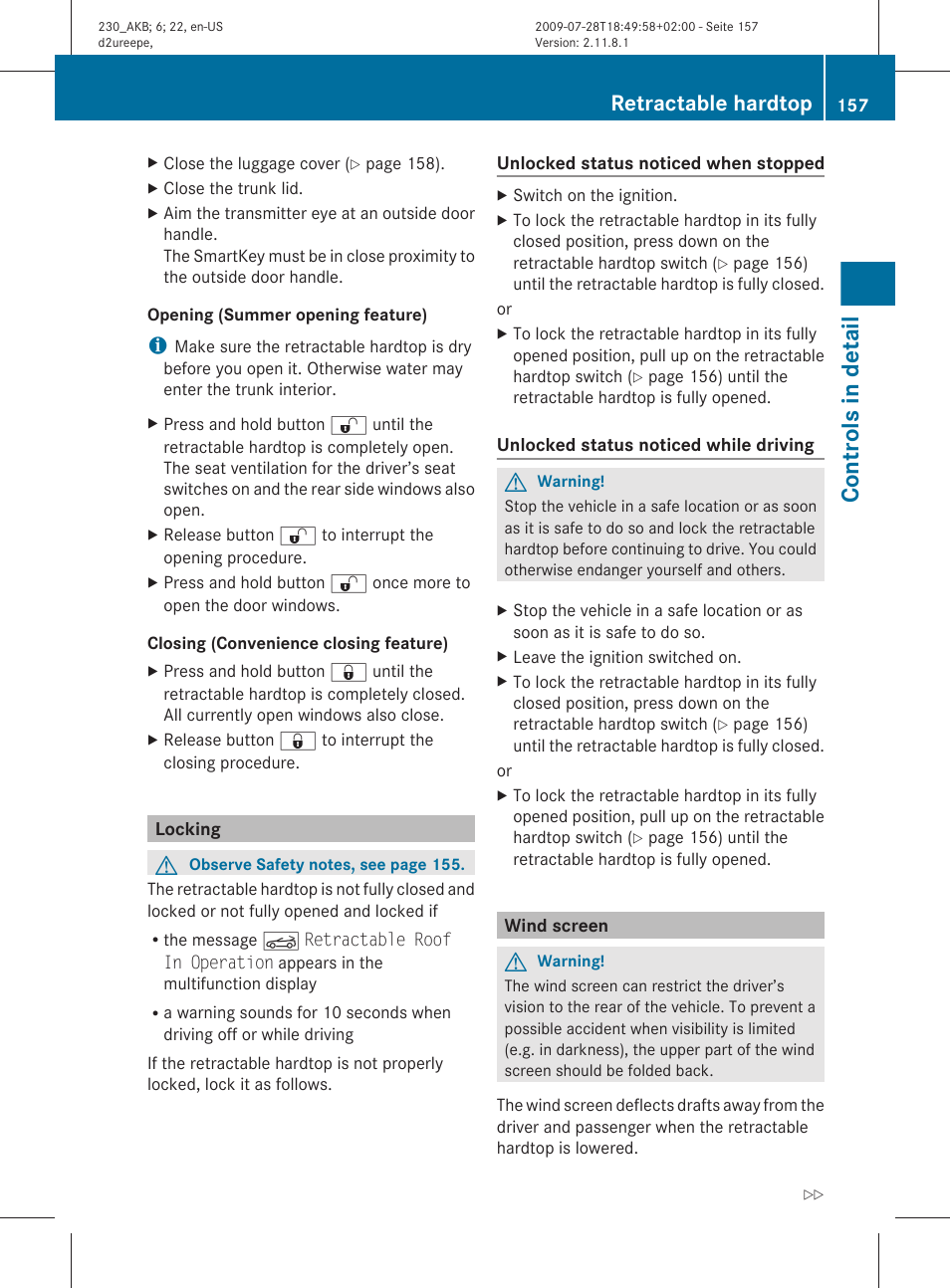 Locking, Wind screen, Controls in detail | Retractable hardtop | Mercedes-Benz 2011 SL-Class User Manual | Page 159 / 316