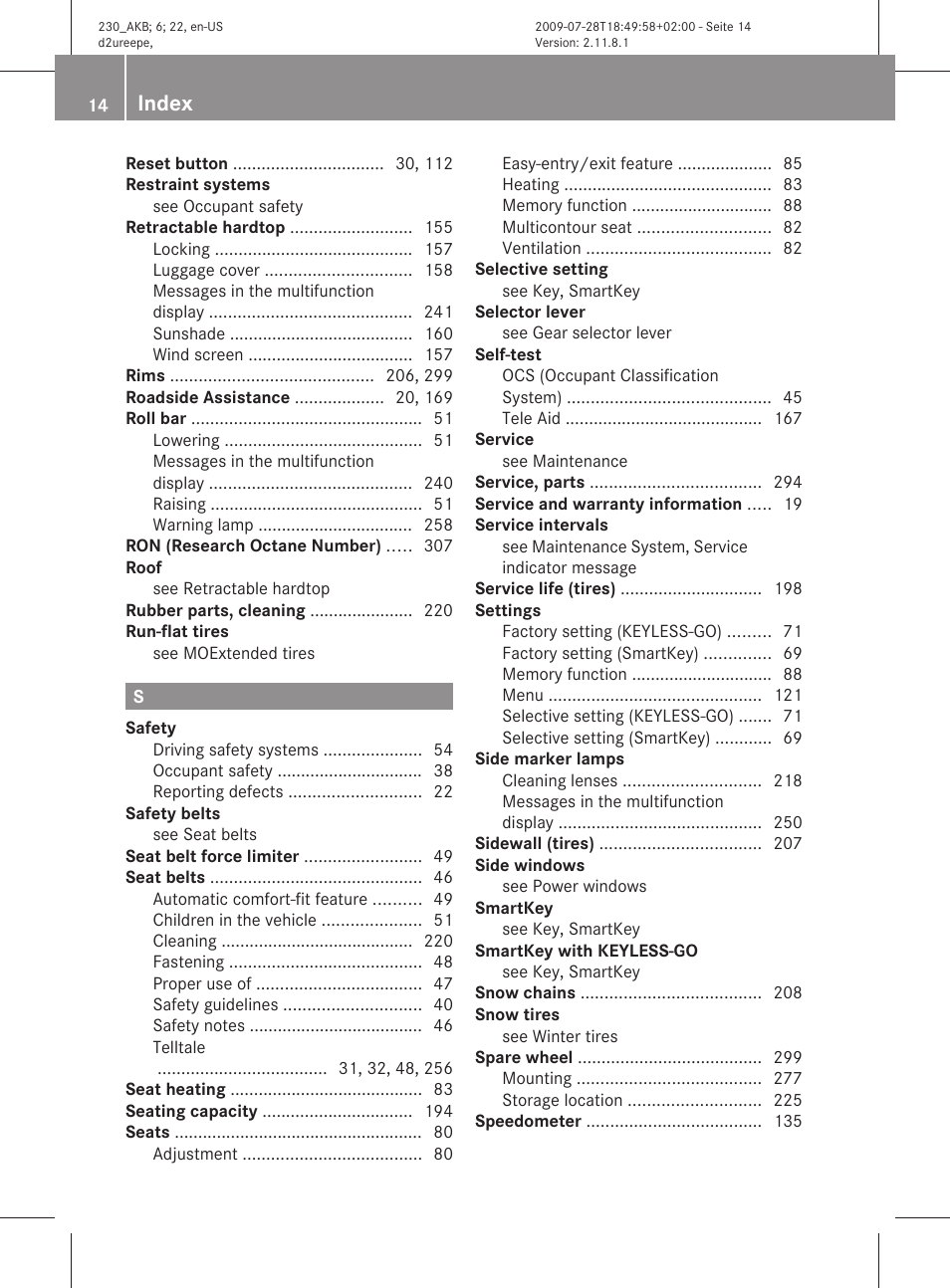 Index | Mercedes-Benz 2011 SL-Class User Manual | Page 16 / 316