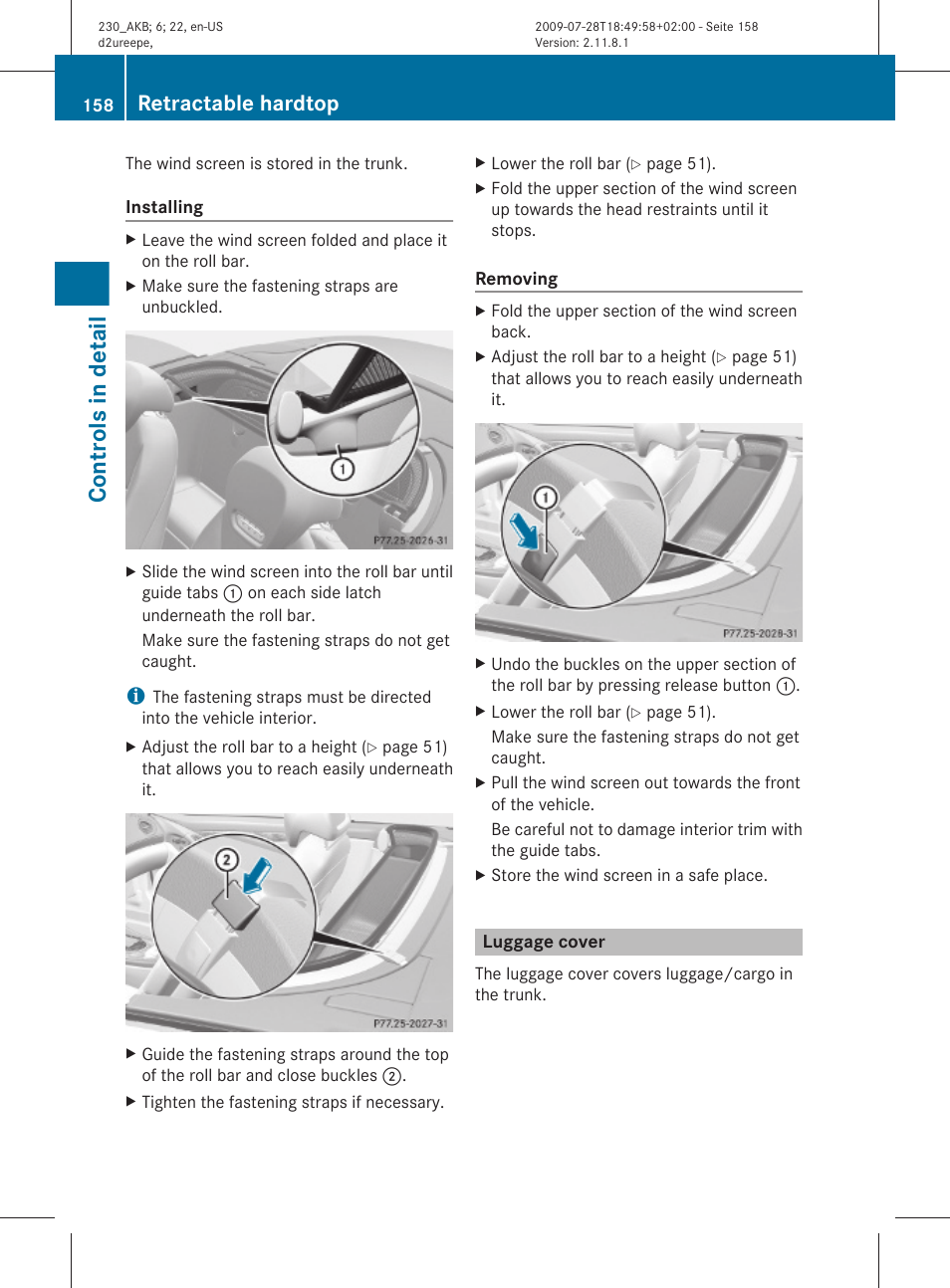 Luggage cover, Close the luggage cover, Controls in detail | Retractable hardtop | Mercedes-Benz 2011 SL-Class User Manual | Page 160 / 316