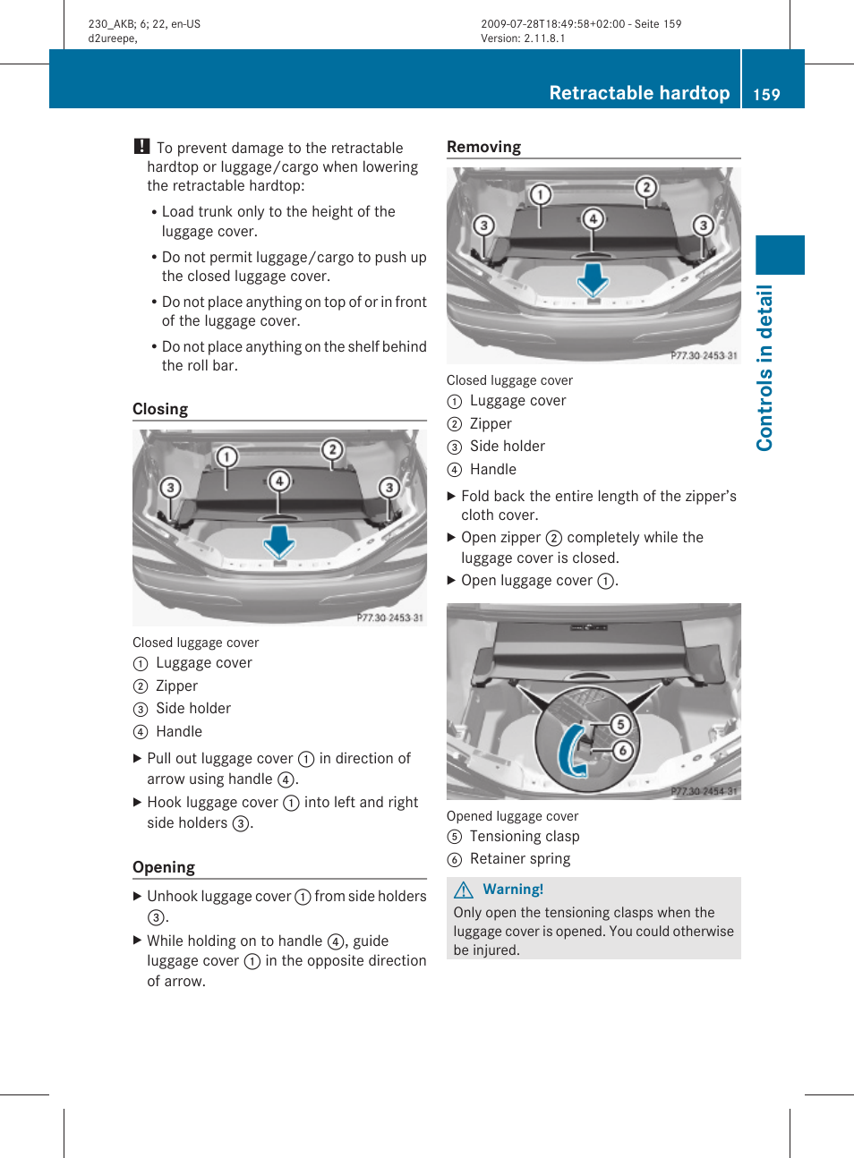 Controls in detail, Retractable hardtop | Mercedes-Benz 2011 SL-Class User Manual | Page 161 / 316