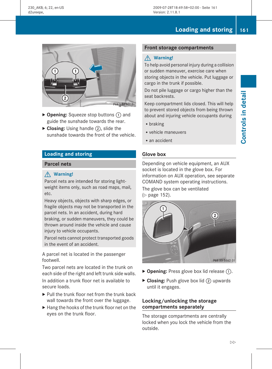 Loading and storing, Parcel nets, Front storage compartments | Controls in detail | Mercedes-Benz 2011 SL-Class User Manual | Page 163 / 316