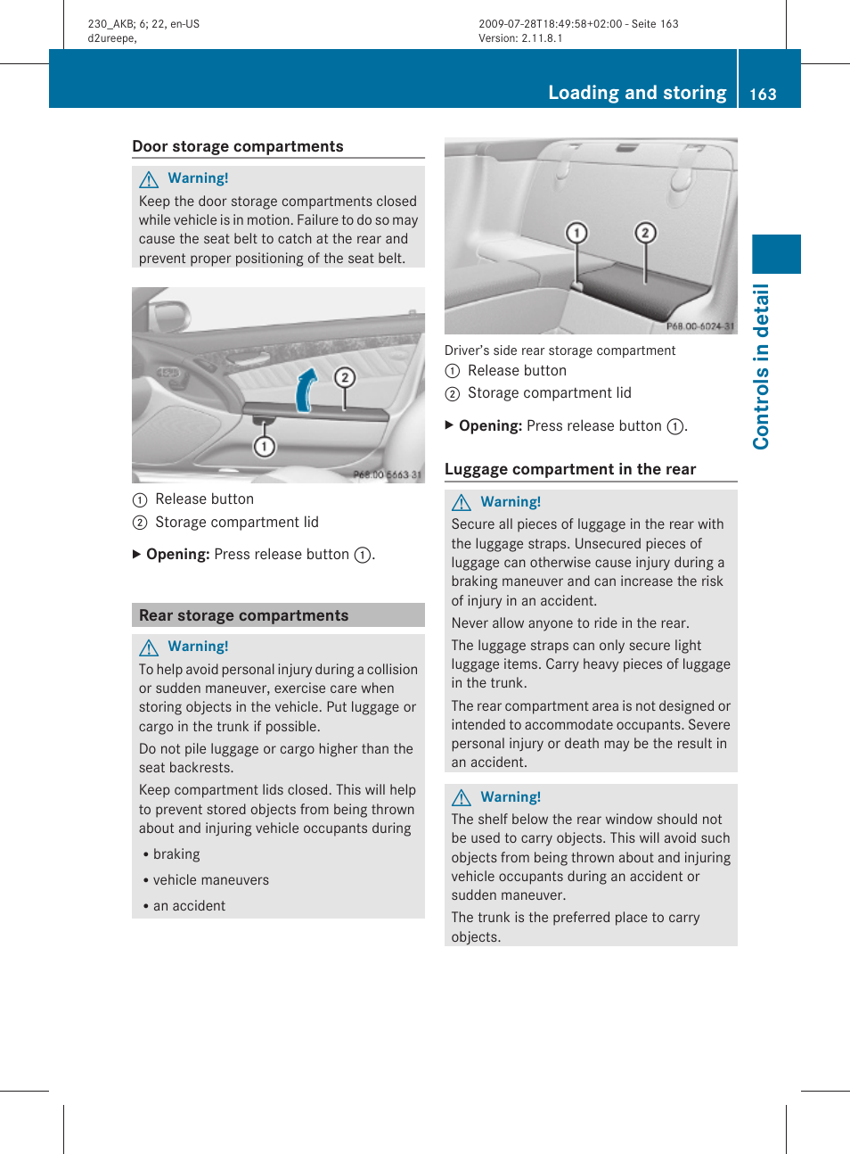 Rear storage compartments, Controls in detail, Loading and storing | Mercedes-Benz 2011 SL-Class User Manual | Page 165 / 316