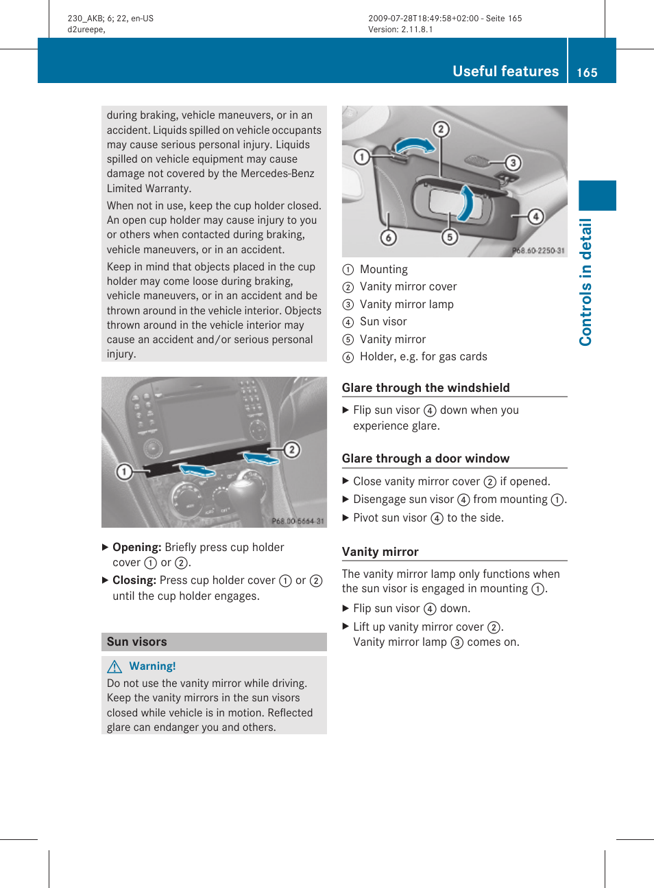 Sun visors, Controls in detail, Useful features | Mercedes-Benz 2011 SL-Class User Manual | Page 167 / 316