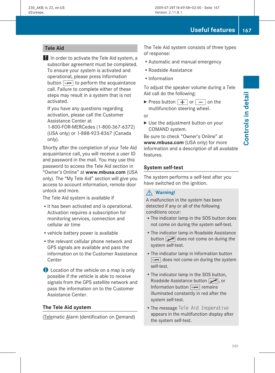 Tele aid, Controls in detail, Useful features | Mercedes-Benz 2011 SL-Class User Manual | Page 169 / 316