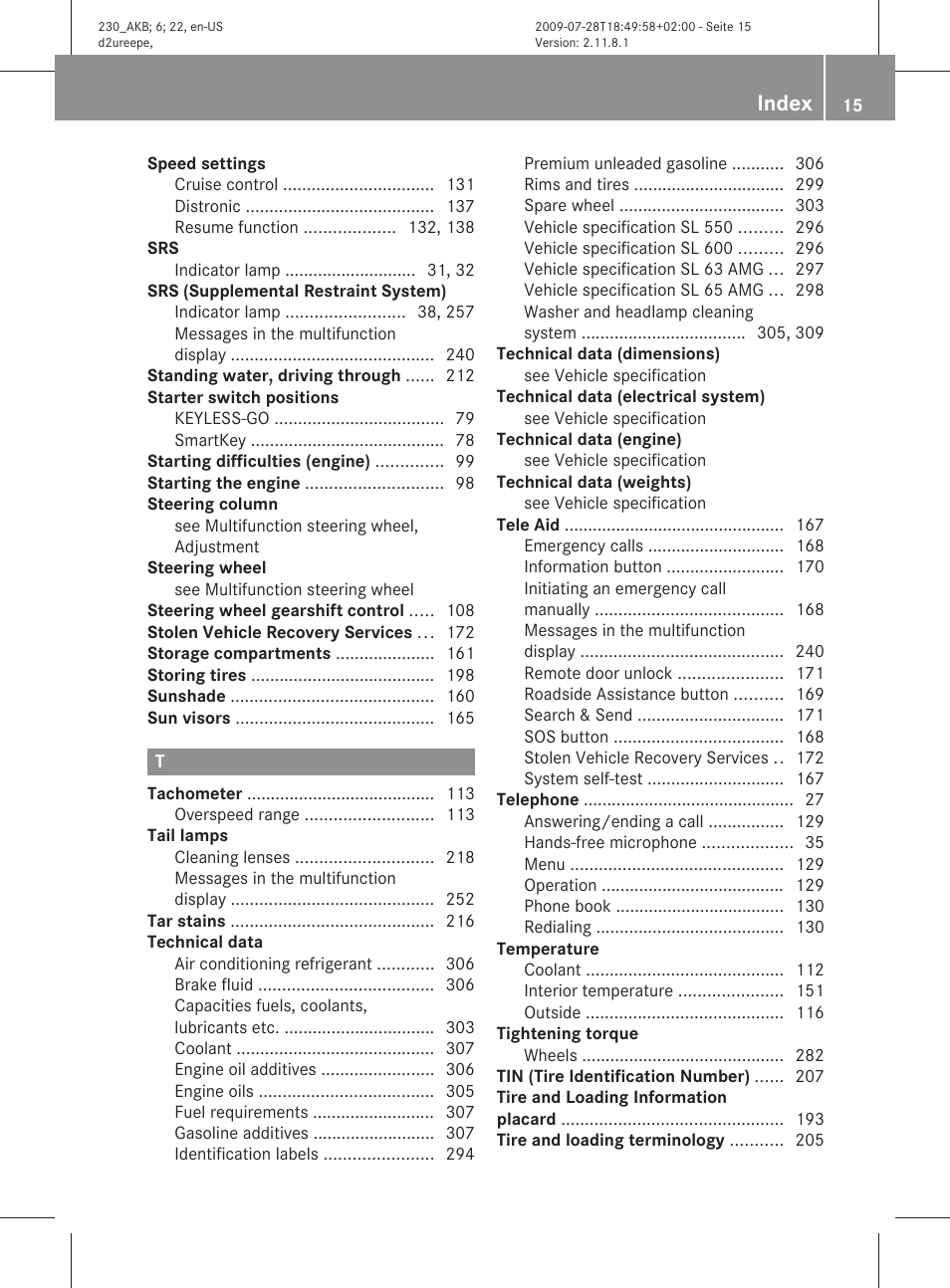 Index | Mercedes-Benz 2011 SL-Class User Manual | Page 17 / 316