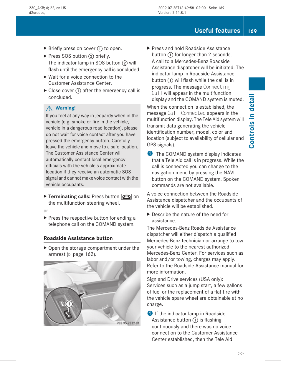 Controls in detail, Useful features | Mercedes-Benz 2011 SL-Class User Manual | Page 171 / 316