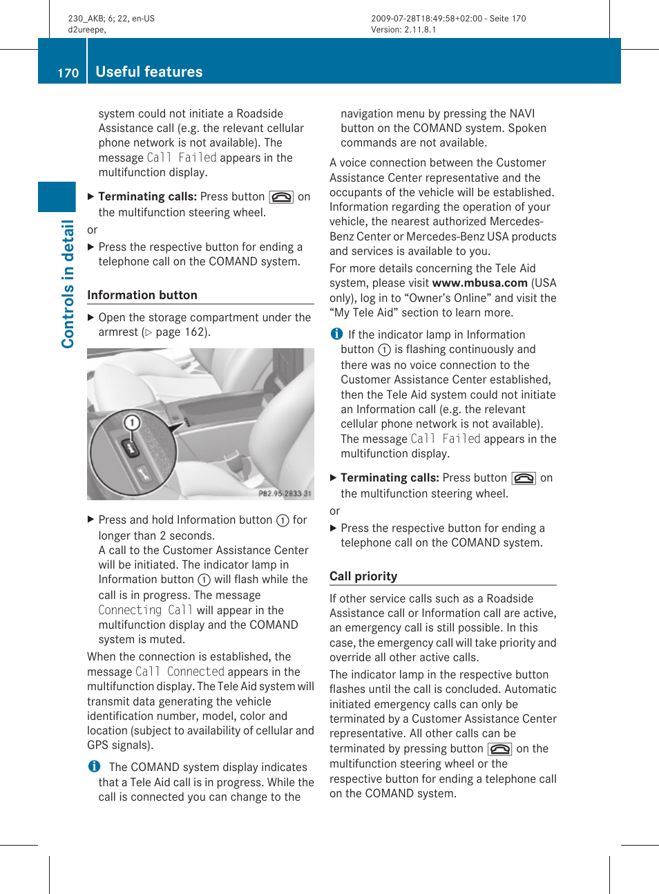 Controls in detail, Useful features | Mercedes-Benz 2011 SL-Class User Manual | Page 172 / 316