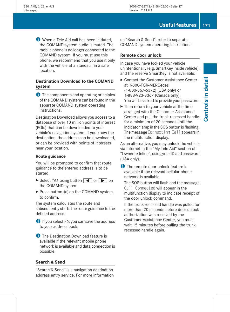 Controls in detail, Useful features | Mercedes-Benz 2011 SL-Class User Manual | Page 173 / 316