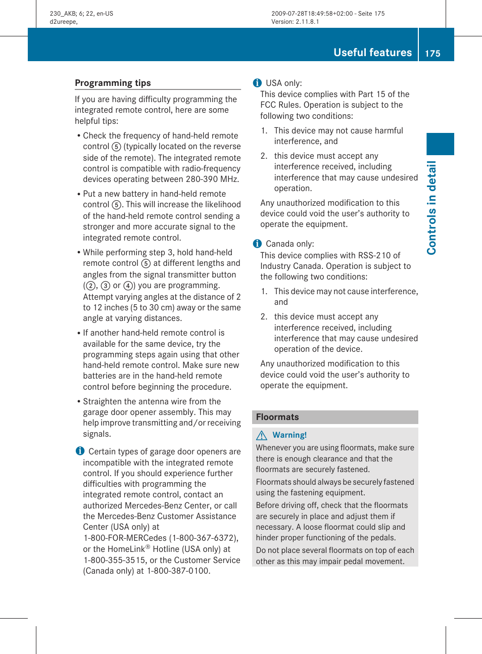 Floormats, Controls in detail, Useful features | Mercedes-Benz 2011 SL-Class User Manual | Page 177 / 316