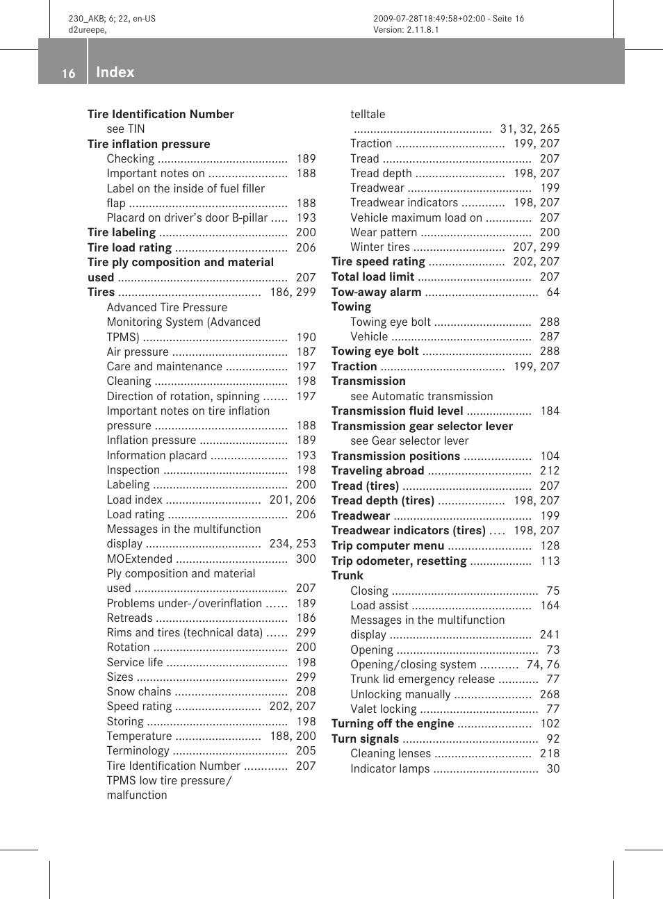 Index | Mercedes-Benz 2011 SL-Class User Manual | Page 18 / 316