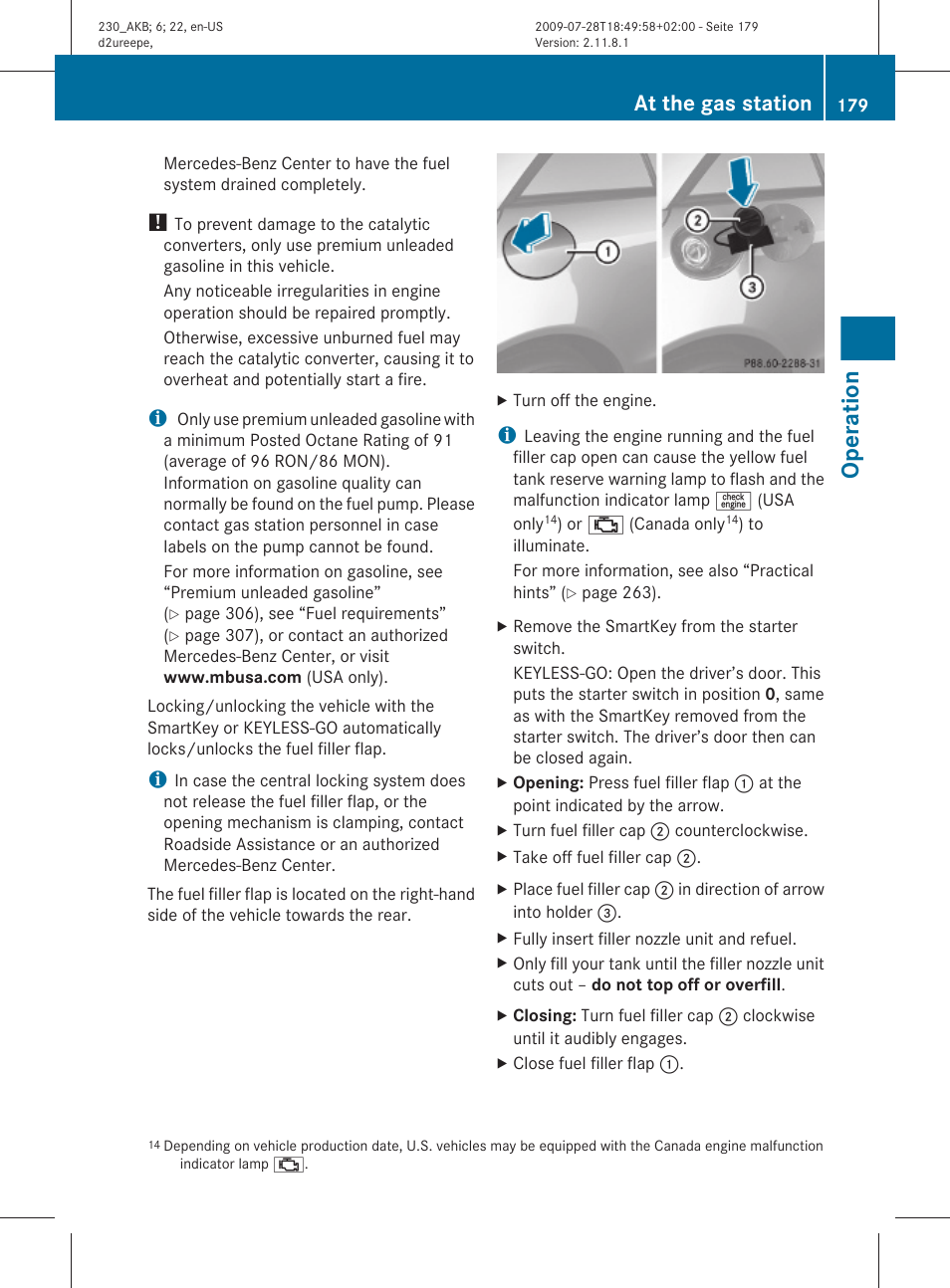 Operation, At the gas station | Mercedes-Benz 2011 SL-Class User Manual | Page 181 / 316