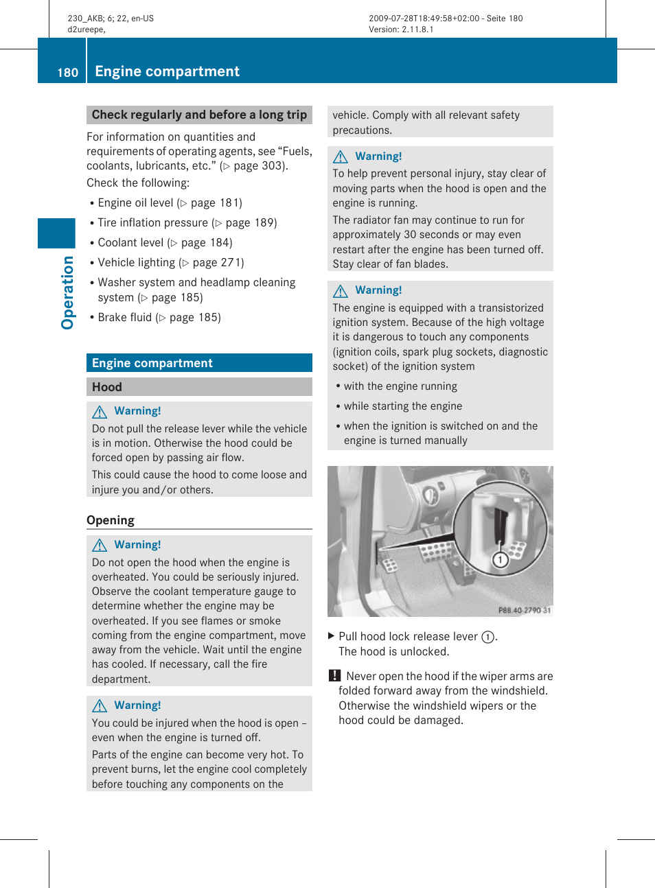 Check regularly and before a long trip, Engine compartment, Hood | Operation | Mercedes-Benz 2011 SL-Class User Manual | Page 182 / 316