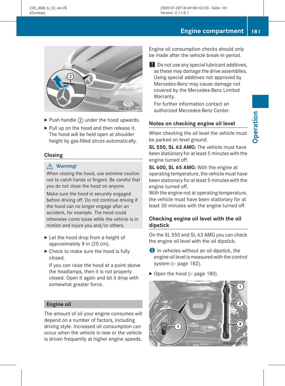 Engine oil, Engine oil level, Operation | Engine compartment | Mercedes-Benz 2011 SL-Class User Manual | Page 183 / 316