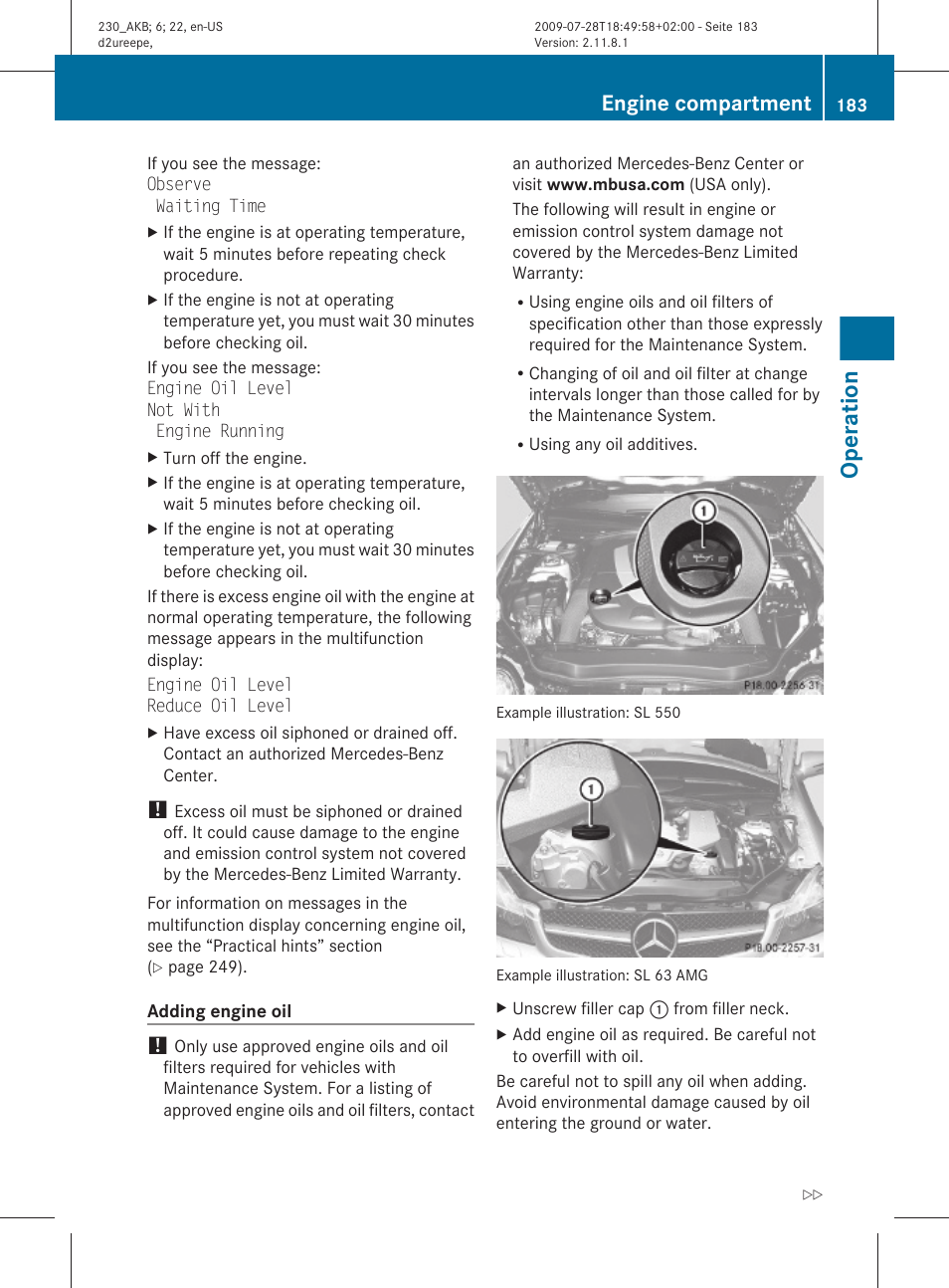 Operation, Engine compartment | Mercedes-Benz 2011 SL-Class User Manual | Page 185 / 316