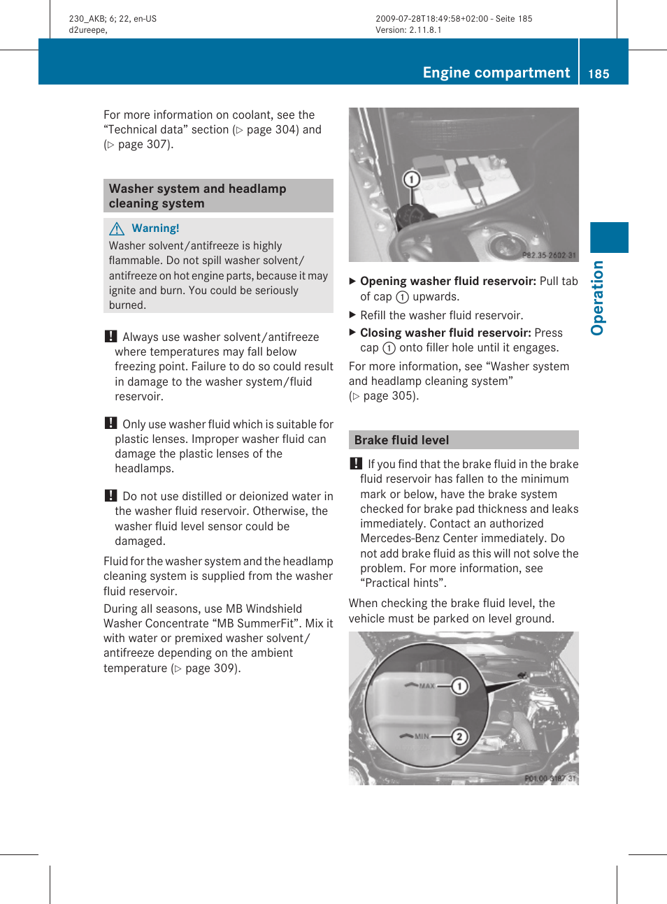 Washer system and headlamp cleaning system, Brake fluid level, Cleaning system | System, Brake fluid, Operation, Engine compartment | Mercedes-Benz 2011 SL-Class User Manual | Page 187 / 316