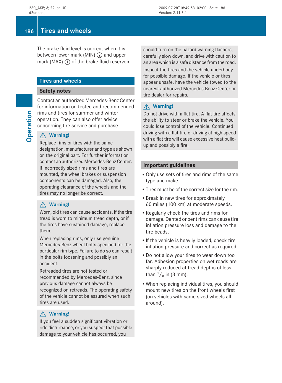 Tires and wheels, Safety notes, Important guidelines | Operation | Mercedes-Benz 2011 SL-Class User Manual | Page 188 / 316