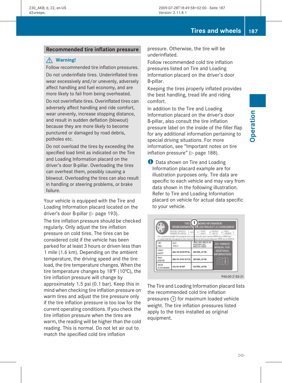 Recommended tire inflation pressure, Operation, Tires and wheels | Mercedes-Benz 2011 SL-Class User Manual | Page 189 / 316