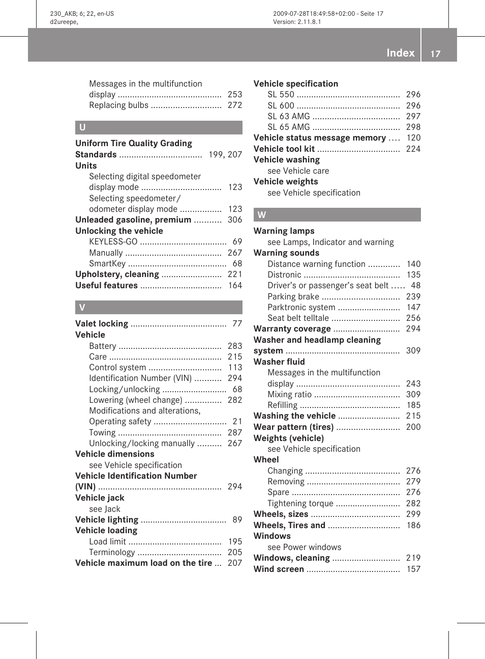 Index | Mercedes-Benz 2011 SL-Class User Manual | Page 19 / 316