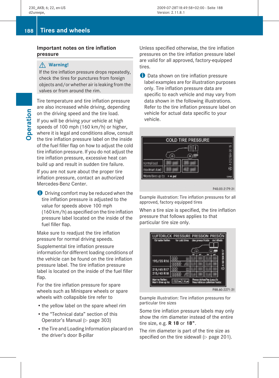 Inflation pressure, Operation, Tires and wheels | Mercedes-Benz 2011 SL-Class User Manual | Page 190 / 316